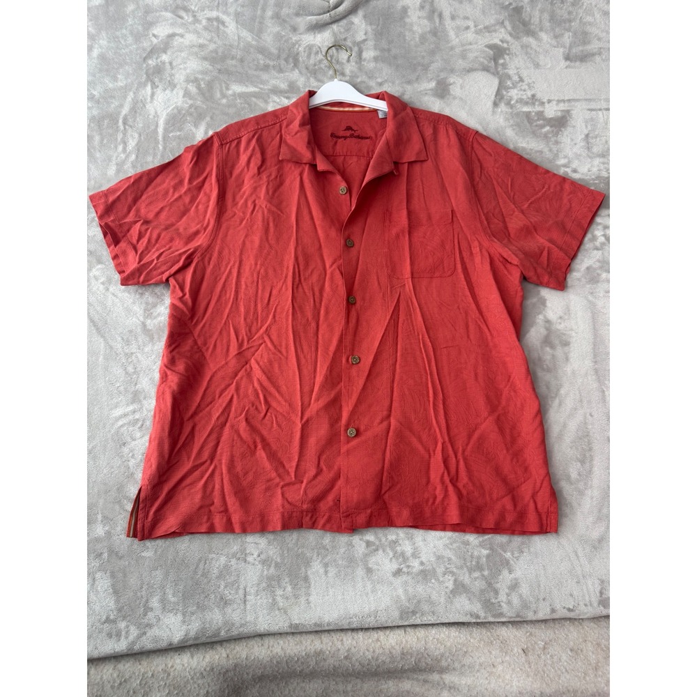 Tommy Bahama Mens XL Silk Short Sleeve Button Down Shirt Orange Tropical Shirt